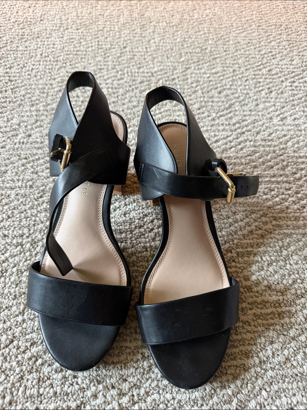 Kelly & Katie Black Crisscross Ankle Strap Heels with Gold Buckles